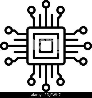 Black outline icon of a square microchip with multiple connecting lines and circular nodes, representing technology and processing. Stock Vector