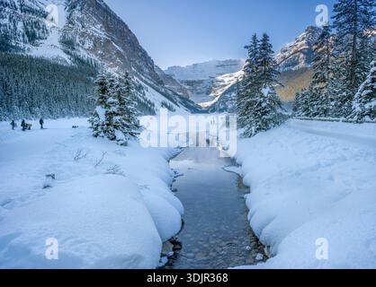 Water flowing from Lake Louise in Banff National Park, Alberta, Canada ...
