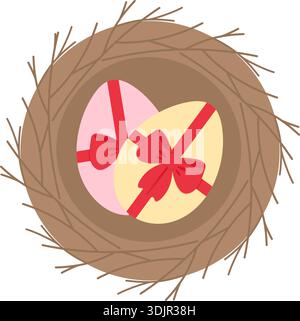Easter Eggs with red tied ribbon bow in birds nest Easter Greeting Minimalistic Flat design element. Isolate Vector illustration Easter Holidays Themed cards, posting, blog, leaflet, banner, price tag Stock Vector