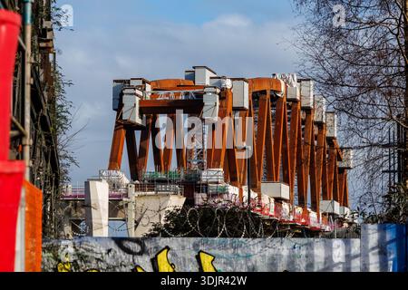 Birmingham,England,28 January 2026 Work Continues on Building HS2's Tallest Viaduct at Birmingham Curzon 2 also known as the Bellingham Bridge or named the Metal Godzilla by local residents in the Nechells - Duddeston area ,Height of the bridge is approx 40m in the air reaching up to seven-story building, It is the tallest viaduct on the HS2 route and is now a prominent feature in the city's skyline for many decades to come,The structure going to span across over an existing railway line that is itself elevated and the River Rea. Credit:Jackprophotographypictures/Alamy Live News Stock Photo
