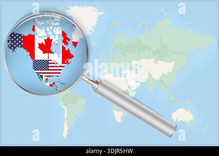 International Focus on North America Map. Magnifying Glass Zooming on North America Map with Flags. Concept for trade, travel, and international relat Stock Vector