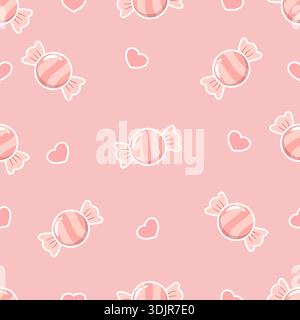 Adorable seamless pattern featuring round pink candies and small hearts. Perfect for sweet packaging, baby textiles, nursery wallpaper, and romantic g Stock Vector