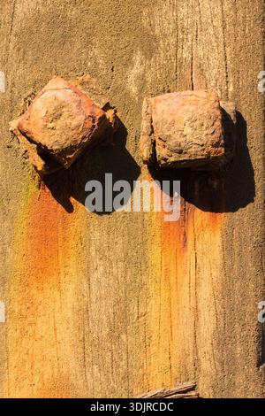 beautiful detail of two rusting old nuts and bolts with colourful stained wood on post of old sea defences, on the beach at Happisbourg, Norfolk Stock Photo