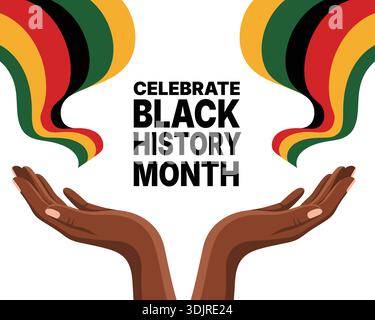 Celebrate black history month illustration with open hands and pan african color waves on white background Stock Vector