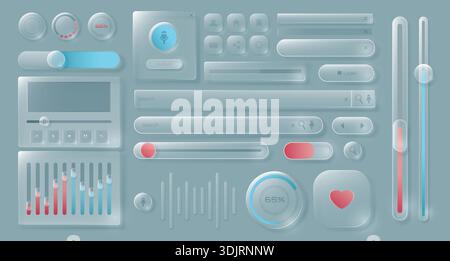 Glass ui glassmorphism with 3d transparent button and liquid box app. Realistic interface progress bar, dashboard panel ux and frosted futuristic style. Glossy hud, glass morphism phone 3 vector set. Stock Vector