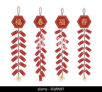 Lunar New Year Firecrackers Flat Vector Illustration Set. Chinese Traditional Red Firecracker Clipart Design. Stock Vector