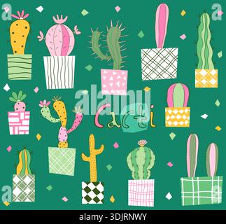 Modern colorful vector cactus flower in geometric shaped pots in green, pink and yellow colors, fun houseplant set Stock Vector