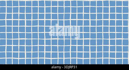 Cute blue windowpane check seamless vector pattern, irregular painted plaid with wavy textured lines Stock Vector