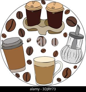 Elegant coffee bean and mugs circle round composition hand drawn illustration. Vector graphic line ink colored art. Perfect vector for cafe logo, bran Stock Vector