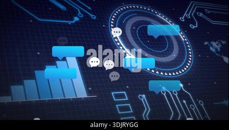 Displaying centered blue chat bubbles and white ellipsis hovering on dark grid panel, HUD bar chart Stock Photo