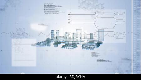 Displaying centered 3D plant schematic on light-blue grid, showing tanks, pipelines, callouts Stock Photo