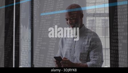 Holding phone, senior man in light shirt checking screen at office window glass with ERROR code Stock Photo