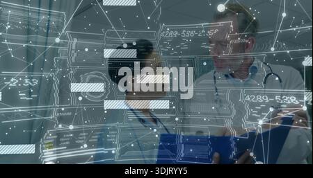 Talking doctors in white coats with stethoscopes holding blue folder in corridor with AR overlay Stock Photo