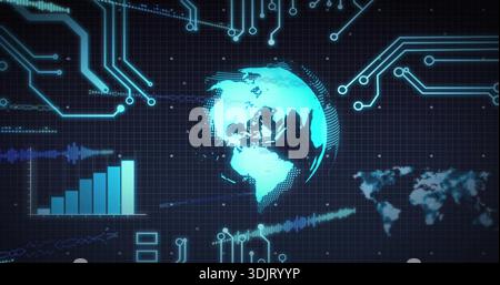 Displaying holographic globe rotating at center on dark grid with circuit traces and bar chart Stock Photo