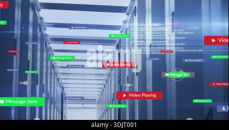 Displaying server racks in data center, streaming code and floating colored badges with LEDs Stock Photo