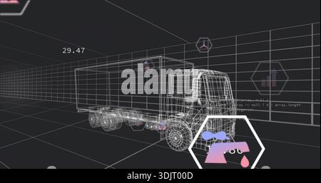 Displaying wireframe semi truck and trailer rotating on 3D grid, showing hex icons, code, 29 Stock Photo