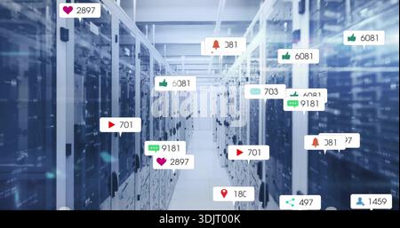 Showing central server aisle receding in data center featuring racks, LEDs, floating notifications Stock Photo