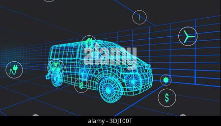 Rotating neon-blue wireframe van in 3D grid, showing plug, dollar, propeller, home or batt, star or Stock Photo