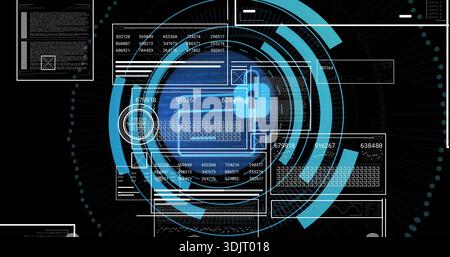 Displaying centered digital HUD pulsing in virtual dashboard with keyboard icon and padlock motif Stock Photo