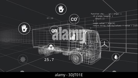 Displaying wireframe semi-truck and trailer in virtual grid, showing CO2, code, numeric readouts Stock Photo