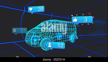Displaying neon-cyan wireframe SUV model floating in dark virtual tunnel, showing social badges Stock Photo