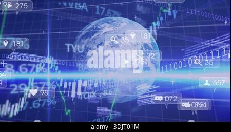 Displaying translucent Earth globe linking market data on blue grid, with candlestick bars Stock Photo