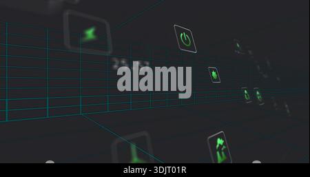 Floating clear UI tiles and converging teal grid in virtual corridor, showing green icons Stock Photo
