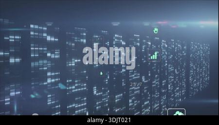 Glowing server racks and HUD overlays stretching down data center corridor, showing telemetry icons Stock Photo