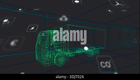 Displaying neon green wireframe rig centered in grid tunnel, showing glowing node and HUD icons Stock Photo