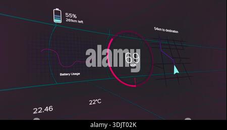Displaying gauge showing 69 km or h with magenta ring in HUD tunnel, with battery icon and nav Stock Photo
