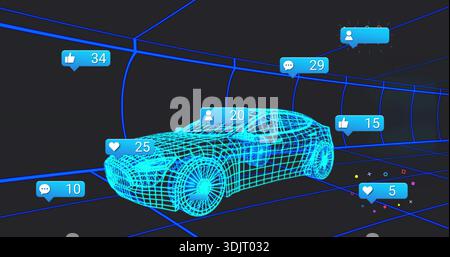 Displaying cyan wireframe sports car model rotating in neon grid tunnel, with notification bubbles Stock Photo