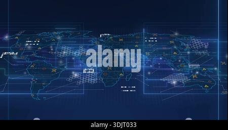 Showing stylized world map with holographic overlays on virtual dashboard, featuring glowing nodes Stock Photo