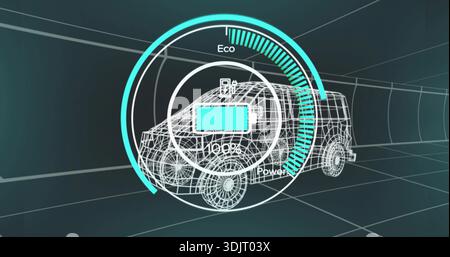 Showing wireframe compact SUV-style vehicle centered in virtual tunnel, displaying 100% battery HUD Stock Photo