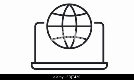 Black and White Laptop with Globe Icon – Minimalist Global Internet Vector for Web, Tech, and UI Stock Vector