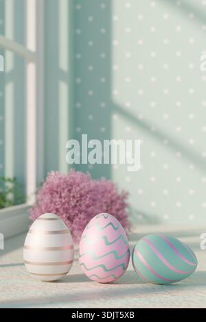 Three pastel colored easter eggs with stripes and zigzags near a window and pink flowers. 3d rendering Stock Photo