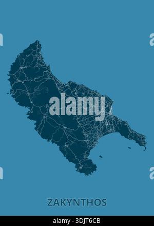 Map of the island of Zakynthos, Greece, presented in a dark teal color against a solid teal background. Stock Vector