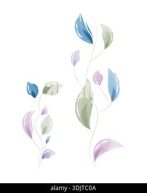 Two artistic arrangements of watercolor leaves in soft blue, green, and purple hues. Delicate stems curve upward on a clean white background, creating a gentle design. Stock Vector