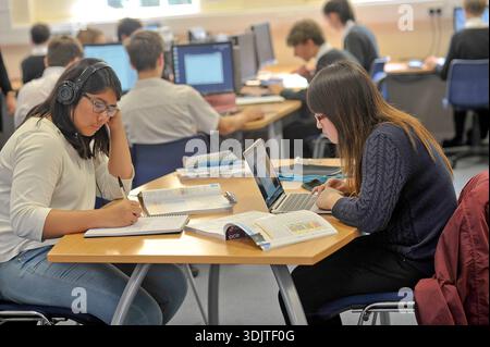Male and female sixth form pupils learning together at a UK comprehensive school. Stock Photo