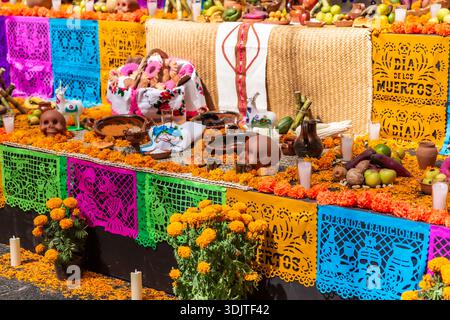 Altars, offerings, skeletons and decorations during the Day of the Dead celebration in Mexico. Stock Photo