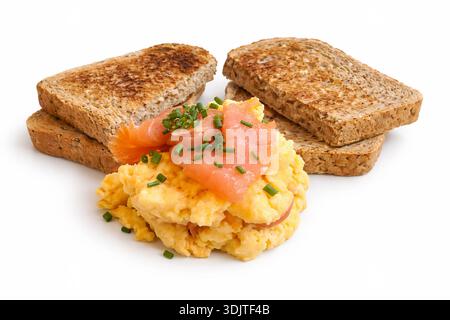 Smoked salmon and scrambled eggs with toasted bread - white background  *Original photograph by the contributor, digitally modified using AI tool Stock Photo