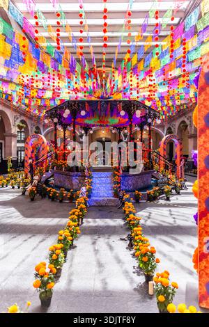 Altars, offerings, skeletons and decorations during the Day of the Dead celebration in Mexico. Stock Photo