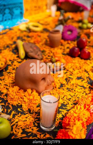 Altars, offerings, skeletons and decorations during the Day of the Dead celebration in Mexico. Stock Photo