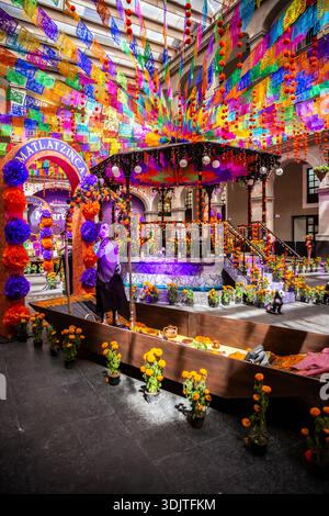 Altars, offerings, skeletons and decorations during the Day of the Dead celebration in Mexico. Stock Photo