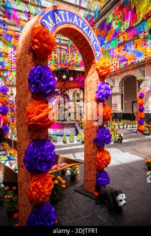 Altars, offerings, skeletons and decorations during the Day of the Dead celebration in Mexico. Stock Photo