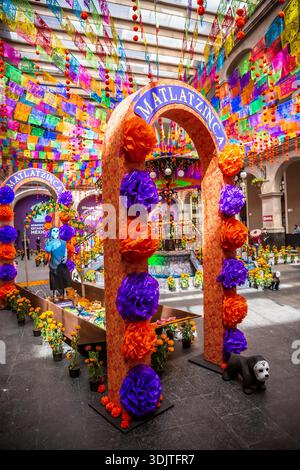 Altars, offerings, skeletons and decorations during the Day of the Dead celebration in Mexico. Stock Photo