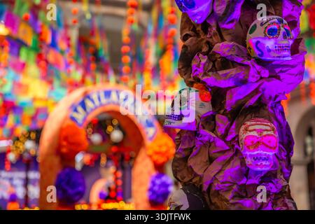 Altars, offerings, skeletons and decorations during the Day of the Dead celebration in Mexico. Stock Photo