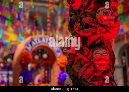 Altars, offerings, skeletons and decorations during the Day of the Dead celebration in Mexico. Stock Photo