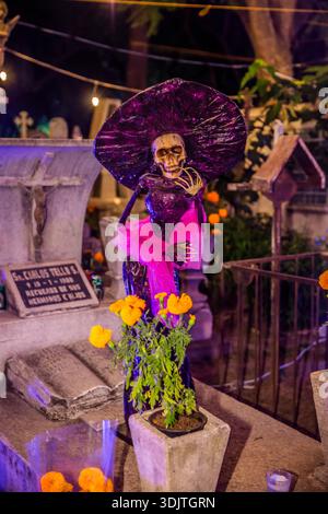 Altars, offerings, skeletons and decorations during the Day of the Dead celebration in Mexico. Stock Photo