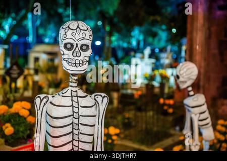 Altars, offerings, skeletons and decorations during the Day of the Dead celebration in Mexico. Stock Photo
