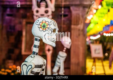 Altars, offerings, skeletons and decorations during the Day of the Dead celebration in Mexico. Stock Photo